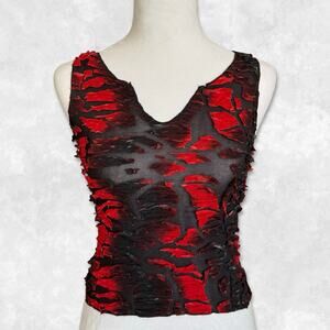 Y2K Euro Subversive Red and Black Burnout Mesh Top Size XS-S
